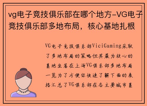 vg电子竞技俱乐部在哪个地方-VG电子竞技俱乐部多地布局，核心基地扎根上海